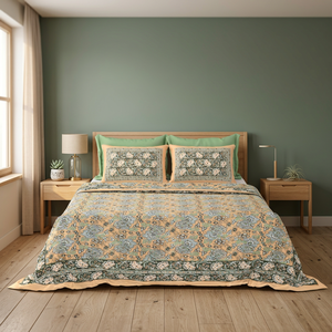 Parure de lit en coton King Size avec impression sérigraphiée, motif floral blanc, avec taies d'oreiller, fabrication artisanale de Jaipur, style bohème indien pour chambre à coucher - Product Image 2