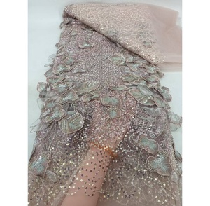 Dentelle africaine de luxe, tissu perlé à la main avec des motifs de feuilles, robes traditionnelles nigérianes, vêtements traditionnels nigérians pour femmes - Product Image 1