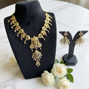 Gold Plated Ethnic Indian Style Brass Necklace Earring <b>Set</b> Imitation <b>Pearls</b> AD Stone Vintage Floral Design for Women Party Gift - Product Image 1