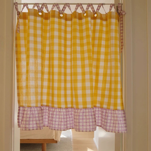 Tenda Corta Classica a Quadretti Gialli con Occhielli, Divisorio <span class=keywords><strong>per</strong></span> Cucina, Piccole <span class=keywords><strong>Tende</strong></span> con Orlo Inferiore Viola - Product Image 1