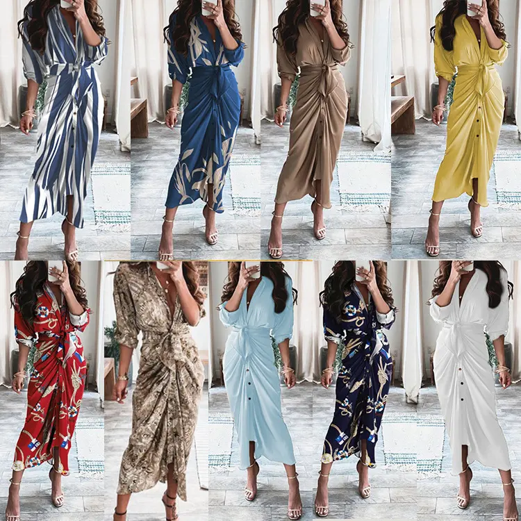2023 Women Long Sleeve V Neck Beach Maxi Dresses Casual Long Dresses
