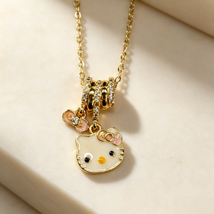 Collana con Ciondolo Kawaii Rosa con Zirconi Cubici, Placcata in Oro 18K, Catena di Perle, Gioiello a Forma di Gatto, Regalo per Ragazze, Uso Quotidiano - Product Image 1