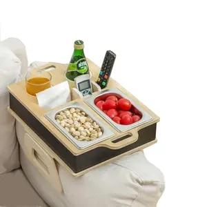 Bandeja multifuncional para lanches, com suporte para bebidas e suporte de controle remoto, bandeja de bambu para sofá, braço, mesa, sofá, armazenamento para cama de carro