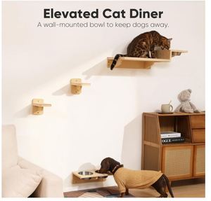 Estantes de <span class=keywords><strong>Pared</strong></span> de Madera Personalizados para Gatos, Juego de Muebles 3 en 1 para Gatos, Estación de Comida con 2 Escalones, Percha de Madera Contrachapada para que los Gatitos Jueguen, Desciensen y Coman - Product Image 2