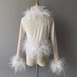 スタイリッシュなふわふわフェザーアウターウェアカスタム高級通気性クロップドリアルダチョウフェザーファーコートセクシー女性メッシュトップ付きファートップ - Product Image 2