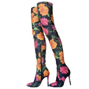 Colorful Floral Women Thigh <b>High</b> Boots Stretch Upper Pull on Ladies Over <b>Knee</b> Boots Stiletto Long Pumps Shoes Size 47 - Product Image 2
