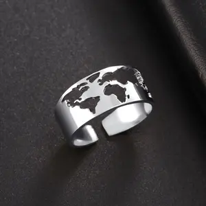 Globe Carte du Monde Anneau Ouvert Mode Réglable Voyageur Anneaux En Acier Inoxydable Bijoux Anniversaire Cadeau pour Femmes Hommes - Product Image 1