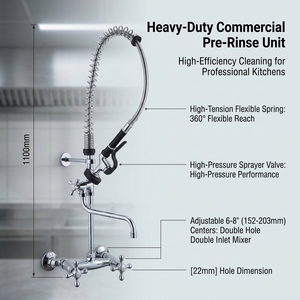 Commercial Kitchen Prep Dishwasher Faucet 2 Handle Wall <b>Mounted</b> Prerinse <b>Spray</b> Tap Chrome Sink Mixer - Product Image 2