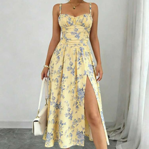 Women's Floral Spaghetti Strap Midi Dress – Sweetheart Neck, Ruched Waist & High Split Summer Vacation Dress for Women | Kuwait