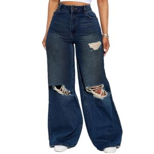 Nouveauté - Jeans en denim déchiré à jambes larges et amples pour femmes - Mode - Product Image 1