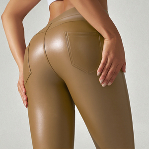 RUIQUWIN 2025, mallas de entrenamiento de cintura alta para mujer, pantalones deportivos de Yoga con realce de glúteos y cuero PU, pantalones de Fitness negros sólidos - Product Image 2