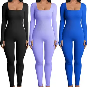 Combinaisons de yoga pour femmes Slim Gym One Piece Windproof Breathable Yoga Onesie Seamless Workout Ribbed Long Sleeve Sport Jumpsuits