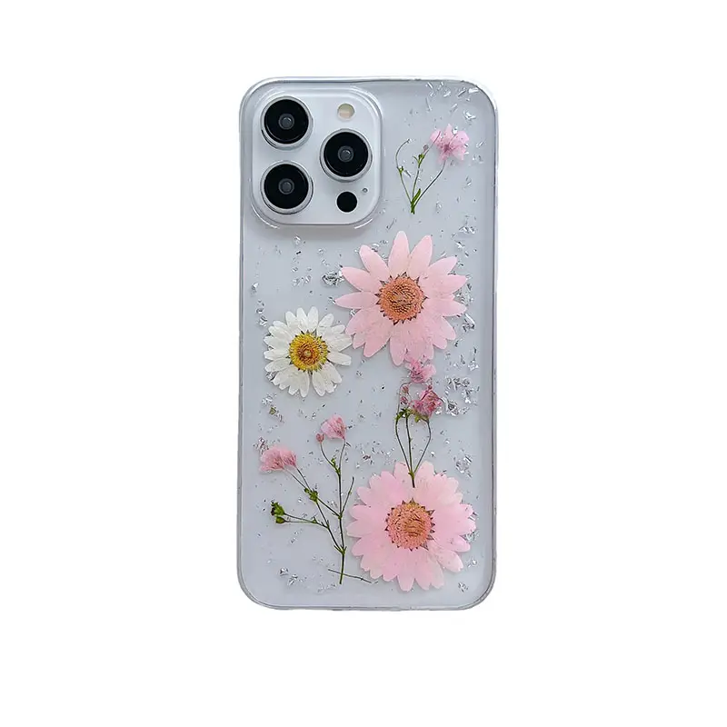 Toptan kuru çiçek Glitter Bling iPhone iPhone için cep telefonu kılıfları kapak 11 12 13 14 15 Pro Max çiçek temizle telefon kılıfları