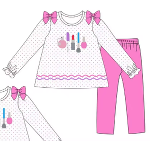 Conjunto de 2 Piezas para Niñas, Top de Manga Larga con Estampado de Puntos, Pantalones Cortos, Lazo Dulce con Volantes, Ropa para Niñas Pequeñas con Diseño de Maquillaje - Product Image 3