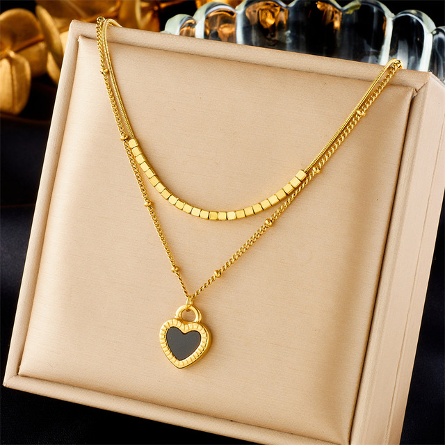 2026 Best Sell Gold Plated Stainless Steel Double Chain Black Heart Pendant Necklace for Women
