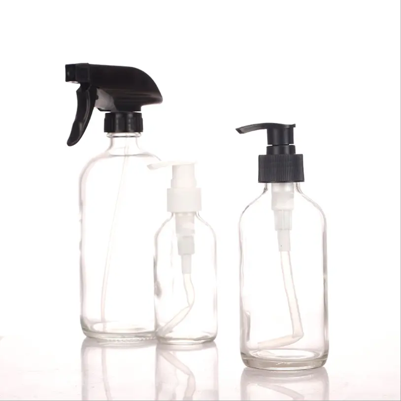 Aceite Esencial de vidrio redondo transparente con bomba de spray botella de spray de vidrio de 120ml 4oz