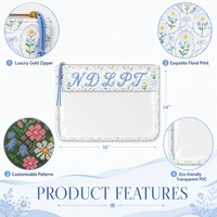 Pochette de rangement pour projets de broderie Jumbo 14x16 avec motif floral bleu marguerite, pour le rangement de fournitures de broderie de luxe cousues à la main et imperméables