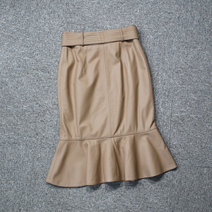 Élégant En Peau De Mouton Véritable Jupes Femme Ceinturé Trompette En Cuir Marron Jupes - Product Image 6