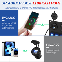 Panneau de commande marin à 5 interrupteurs LED bleus 12V avec entrée de câblage 12V et 2 sorties d'alimentation, prise allume-cigare avec double USB