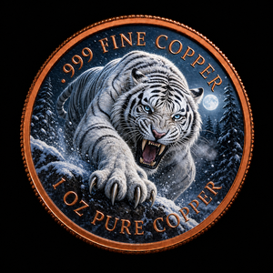 Moneta Commemorativa Snow Moon White Tiger Predator 1 oz .999 in Rame Puro, Rilievo Alto, Verniciatura UV, Personalizzata OEM, Vendita all'Ingrosso - Product Image 1