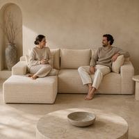 Minimalistisches Beige Cord-Ecksofa, Großes L-förmiges Modulares Sofa für Wohnräume & Gewerbliche Lobbys