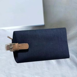 Denim Large Capacity Makeup Bag With Buckle Closure Travel Toiletry Pouch Minimalist Style Unisex Canvas Wristlet - Product Image 4