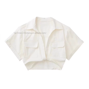 เสื้อเชิ้ตผู้หญิงแฟชั่น แขนสั้น คอปก สีพื้น ผ้าลินินยืดทรงเข้ารูป - Product Image 4
