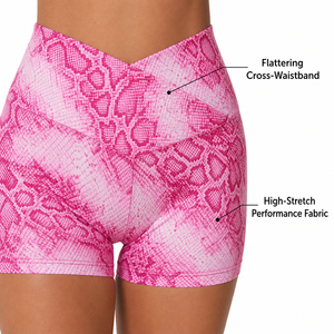 Conjunto de Yoga Premium para Mujer con Estampado de Piel de Serpiente Rosa, Top Corto de Manga Larga con Orificios para Pulgares y Pantalones Cortos Mini con Cintura Cruzada - Product Image 6