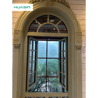 Ventanas de Madera Estilo Francés Personalizadas Huasin, Ventana Abatible de Madera Revestida de Aluminio con Arco Estilo Europeo y Rejillas Decorativas