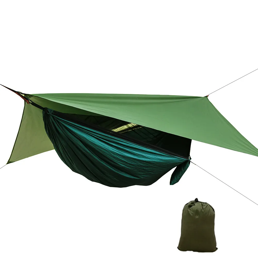 Hamaca con mosquitera y mosca para acampar, doble lona, paracaídas, fácil de colgar, para exteriores