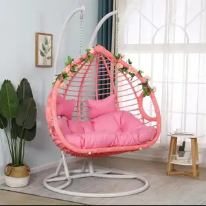 Double Seat Round Pod Wicker Basket Egg Swing Chairs With Stand Garden Rattan Hanging Patio Swings For Resorts