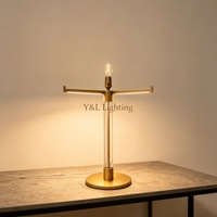 Lampe de table LED colonne en laiton massif de luxe, moderne, flexible et simple, avec abat-jour en lin beige, pour chambre, salon, hôtel, villa