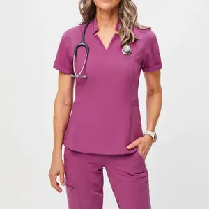 Conjuntos de uniformes de mulheres para corrida, blusa e calças de enfermagem hospitalar, roupas médicas de manga curta elásticas personalizadas