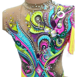 Maillot de <span class=keywords><strong>Gimnasia</strong></span> <span class=keywords><strong>Rítmica</strong></span> para Niñas LIUHUO, Diseño de Espiral Neón, Dobladillo con Flecos, Adorno de Pedrería, <span class=keywords><strong>Traje</strong></span> de Actuación - Product Image 6