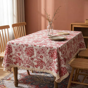 Mantel Vintage con Estampado Floral y Borde de Flecos, Color Rojo Crema, para Decoración de Mesa en el Hogar, Fiestas y Cenas - Product Image 3