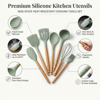 Ensemble d'ustensiles de cuisine en silicone 7 pièces avec manche en bois, antiadhésifs et résistants à la chaleur : cuillère, spatule, spatule à retourner, louche