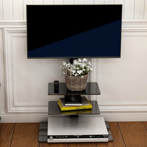 Tempered Glass TV Stand 10mm Adjustable Height <b>Black</b> Metal <b>Bracket</b> With <b>Shelves</b> For Living Room Display - Product Image 4