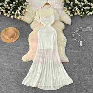Robe midi décontractée coréenne d'été pour femme en polyester/coton, style empire, avec dentelle ajourée, tricotée, à bretelles spaghetti, manches courtes, imprimé numérique - Product Image 3