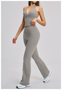 Nuevo conjunto de yoga y fitness: top halter sin mangas con cuello en V profundo y acolchado, camiseta deportiva, pantalones acampanados para <span class=keywords><strong>gimnasio</strong></span> y entrenamiento. - Product Image 4