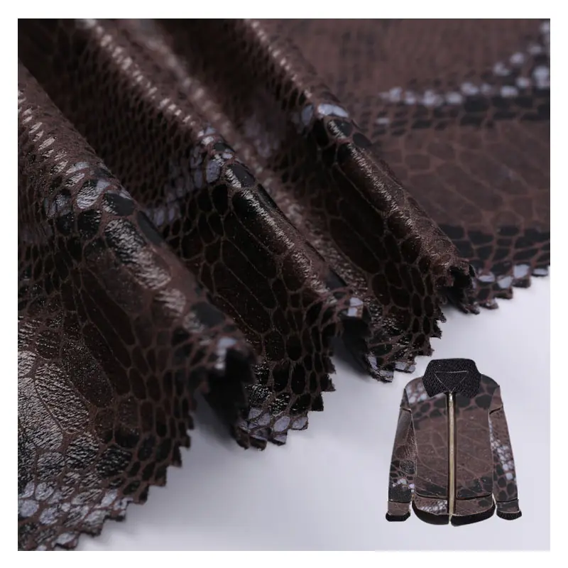 Peau de serpent marron texture claire imprimé feuille de daim confortable chinois chaud polyester tissu bronzant pour vestes