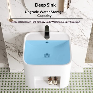 Lavabo mural monobloc moderne de petite taille pour salle de bain d'appartement, idéal pour les petits espaces, appartements, gîtes et hôtels - Product Image 2