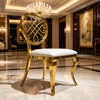 Chaise de banquet de luxe en acier inoxydable doré, chaise de salle à manger décorative à dossier rond, chaise de mariage rembourrée pour mobilier d'événements hôteliers