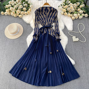 Fashion Women <strong>Clothes</strong> Elegant <strong>Gold</strong> Foil Pleated Dress Ruffle Sleeves Belted Waist Women's Dress Casual Fashion Pleated Dress - Product Image 1
