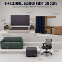 Ensemble FF&E d'hôtel sur mesure en bois moderne et durable pour séjours prolongés, avec base de lit ottoman rembourrée et bureau mobile à roulettes