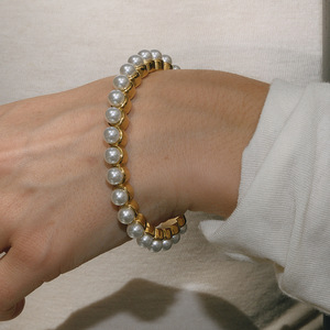 Pearl Bracelet Women Gold Tone White Pearl Bezel Setting Open Cuff Everyday Wear Jewelry - Product Image 2