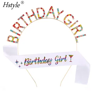 Fascia per compleanno corona compleanno per donna strass colorati compleanno ragazza diademi e fascia in raso lilla per la decorazione del partito SD2393