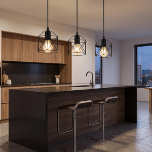 Wholesale Farmhouse Black Iron <strong>Cage</strong> Pendant <strong>Light</strong> Vintage Geometric <strong>Shade</strong> Hanging <strong>Light</strong> Fixture E26 E27 for Kitchen Entryway - Product Image 1