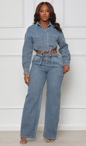 Completi in Denim di Alta Qualità per Donne, Top a Maniche Lunghe con Coulisse e Pantaloni Lunghi, Set Due Pezzi in Denim per Donne - Product Image 4