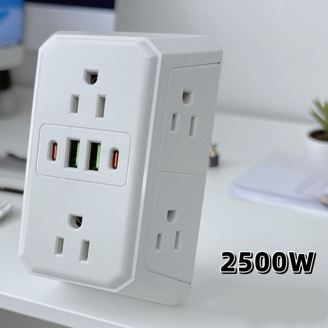 US Standard Surge Protector ABS 10A 6-Outlet Wall Charger with 2 USB-A and 2 USB-C Ports Power Strip