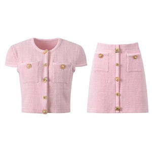 Set gonna leggera di lusso vestito elegante monopetto elegante alla moda <span class=keywords><strong>Top</strong></span>-collo + gonna corta Boutique 2 pezzi di abbigliamento per tuta da donna - Product Image 1